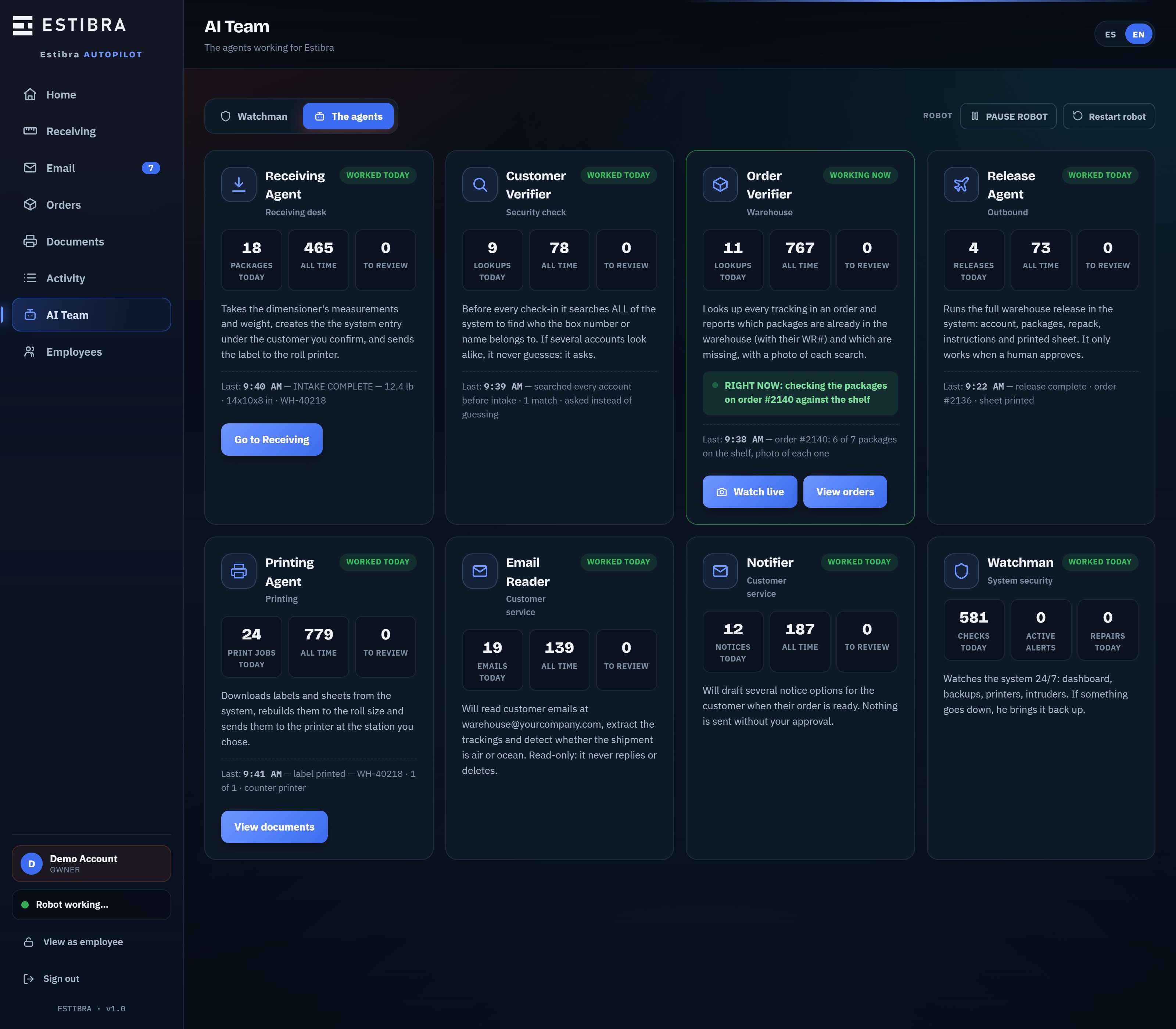 The Estibra screen with all eight agents: receiving, customer check, order check, release, printing, e-mail, notices and the watchman, each with what it has done